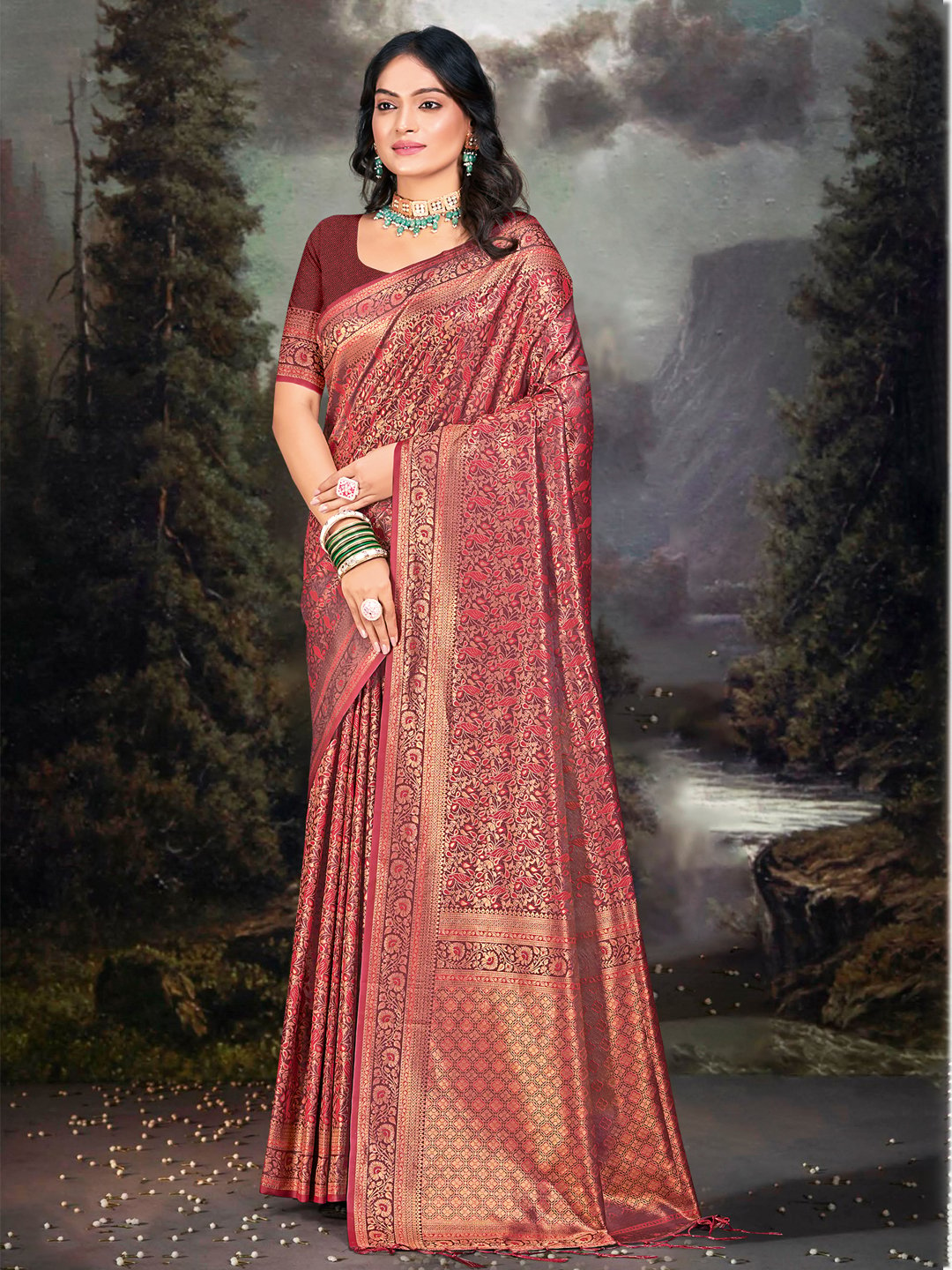 Maroon Silk Woven Work Traditional Saree