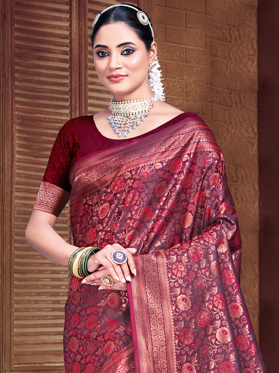 Burgundy Silk Woven Work Traditional Saree