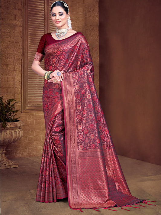 Burgundy Silk Woven Work Traditional Saree