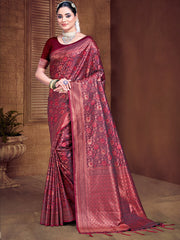 Burgundy Silk Woven Work Traditional Saree