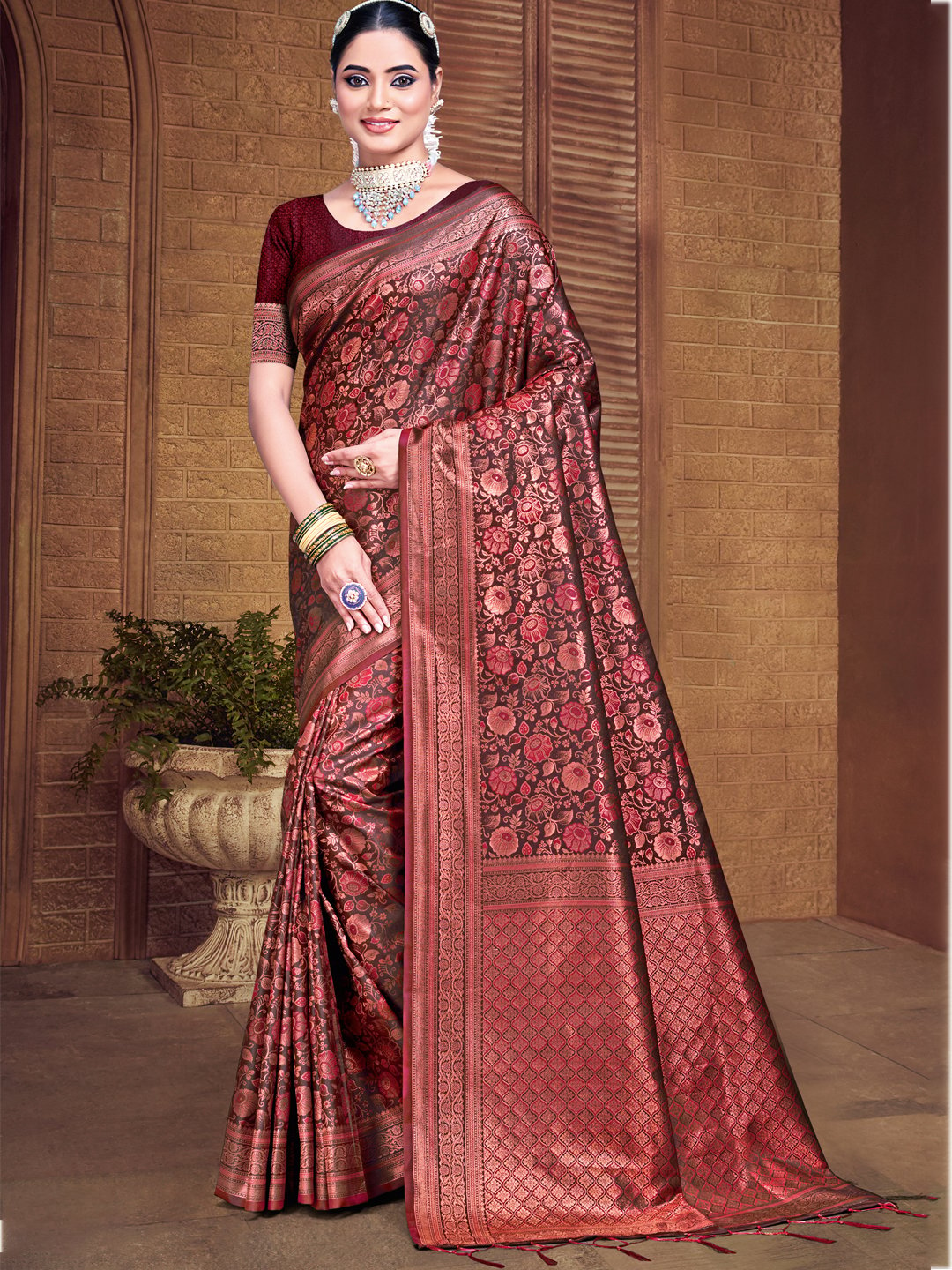 Maroon Silk Woven Work Traditional Saree