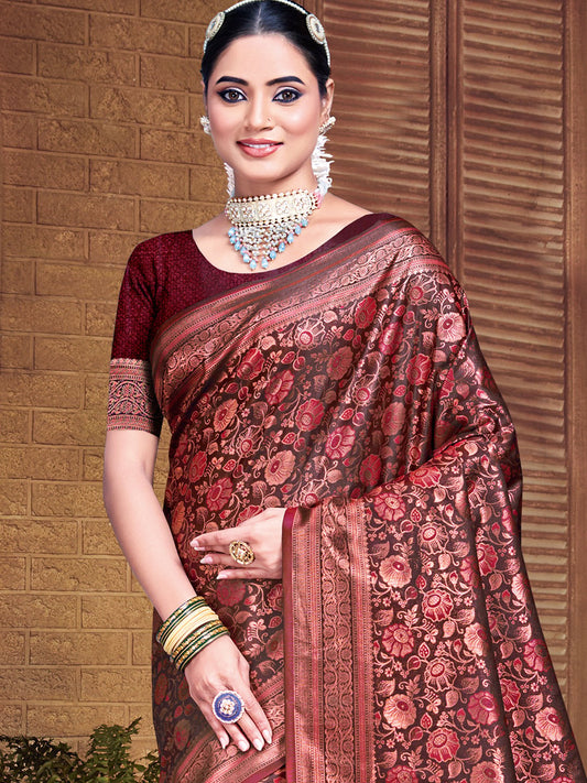 Maroon Silk Woven Work Traditional Saree