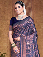 Navy Blue Silk Woven Work Traditional Saree