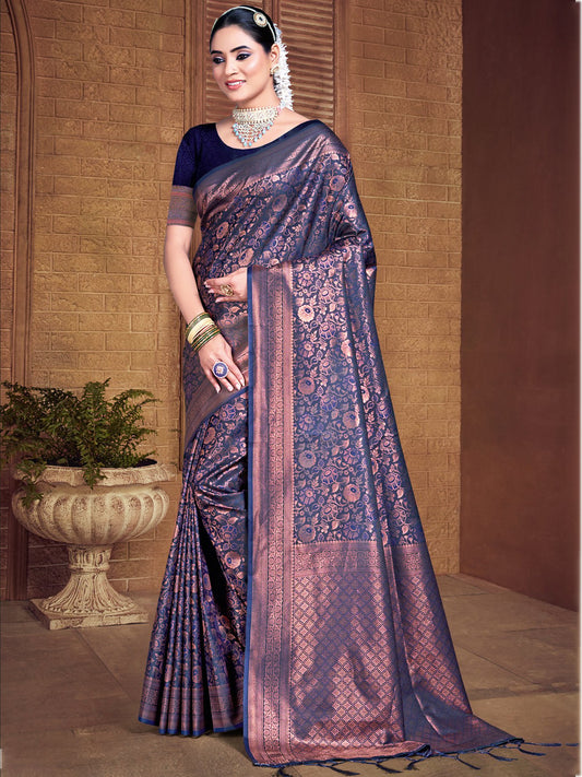 Navy Blue Silk Woven Work Traditional Saree