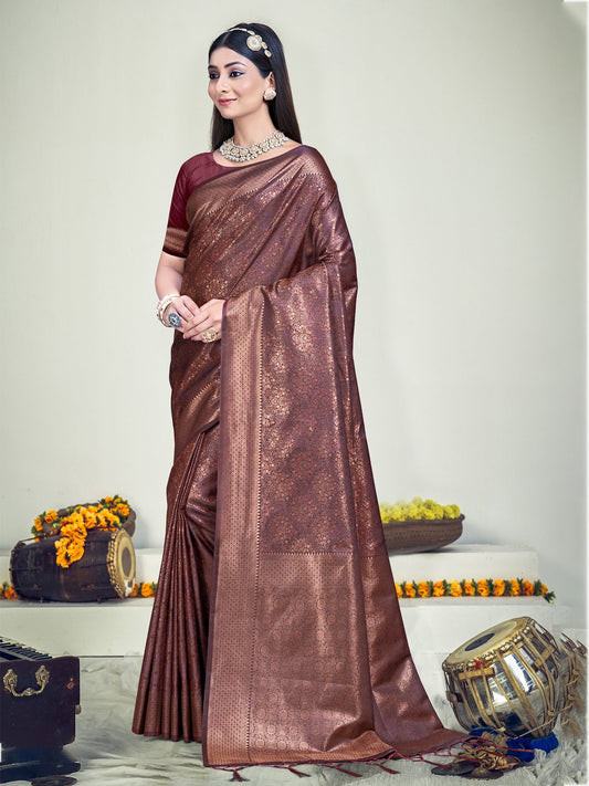 Maroon Silk Woven Work Traditional Saree