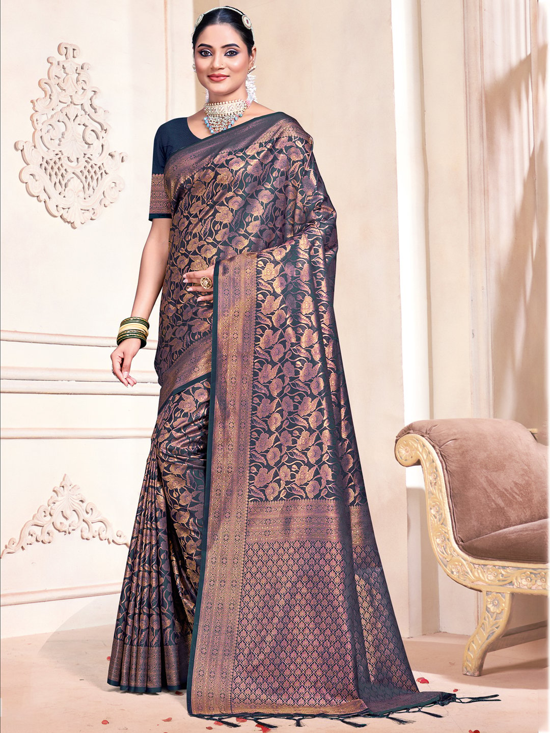 Navy Blue Silk Woven Work Traditional Saree