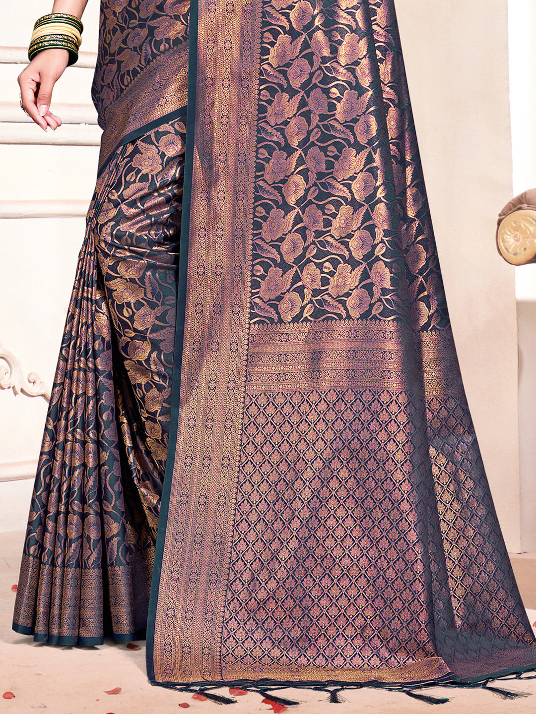 Navy Blue Silk Woven Work Traditional Saree