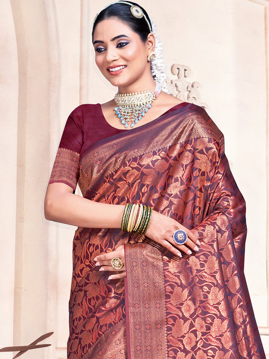 Maroon Silk Woven Work Traditional Saree