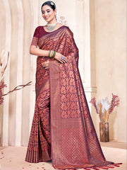 Maroon Silk Woven Work Traditional Saree