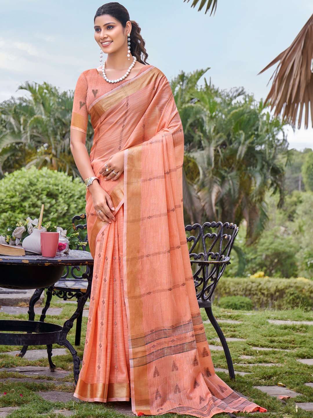 Peach Cotton Woven Work Party Wear Saree