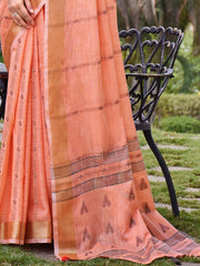 Peach Cotton Woven Work Party Wear Saree