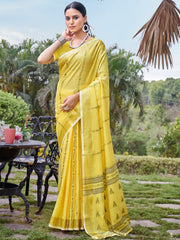 Yellow Cotton Woven Work Party Wear Saree