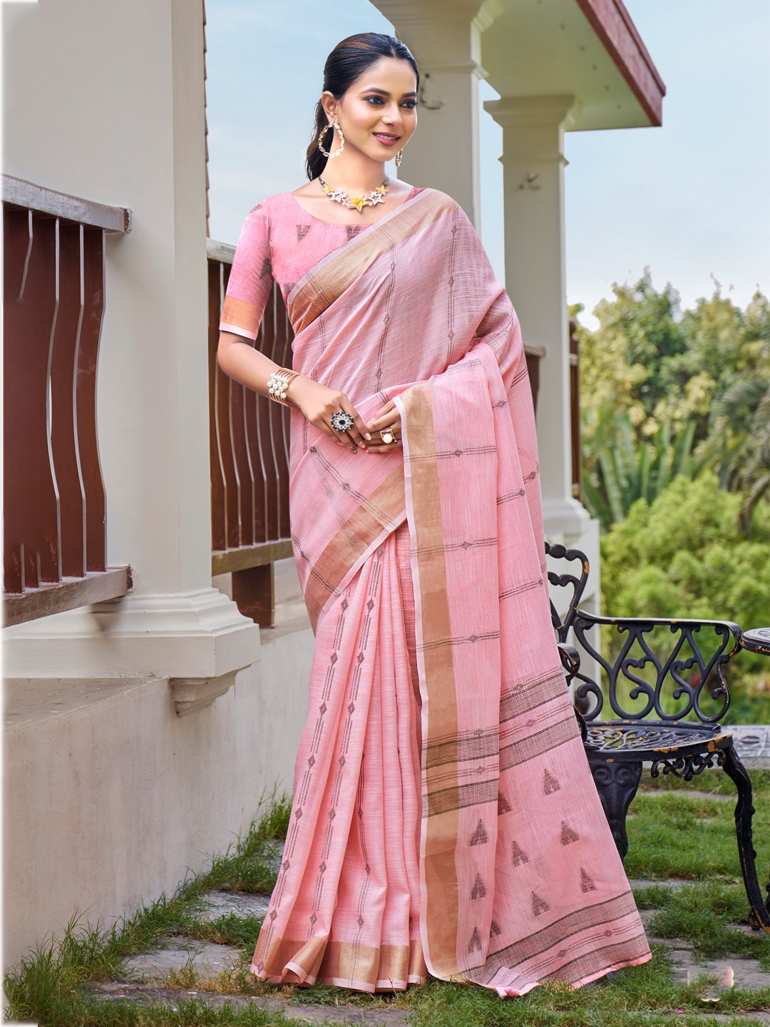 Pink Cotton Woven Work Party Wear Saree