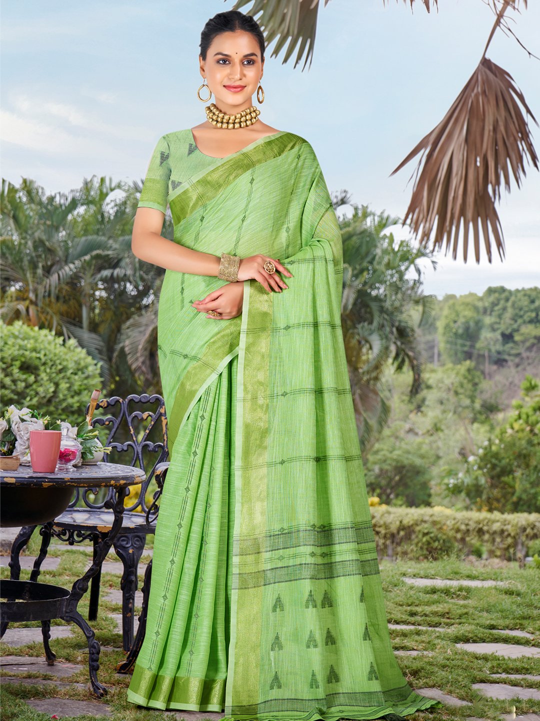 Green Cotton Woven Work Party Wear Saree