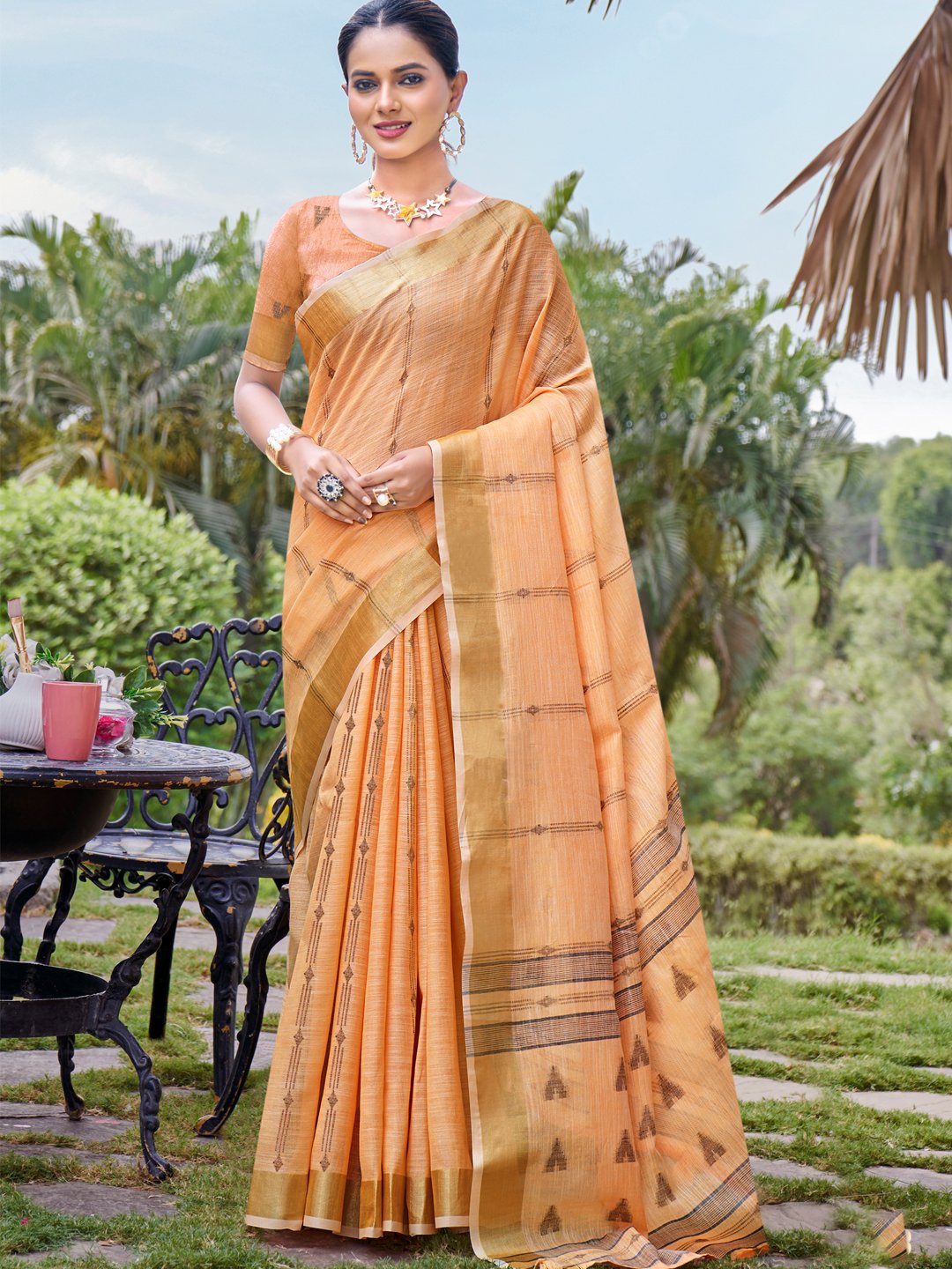 Orange Cotton Woven Work Party Wear Saree