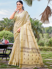 Cream Cotton Woven Work Party Wear Saree