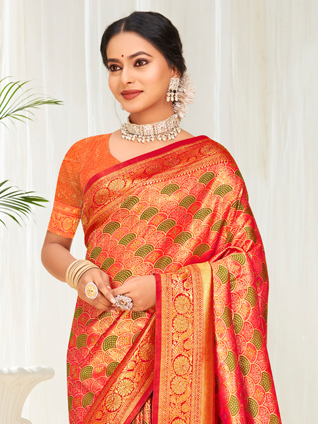 Orange Banarasi Silk Woven Work Traditional Tassels Saree