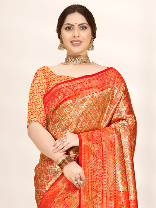 Orange Banarasi Silk Woven Work Traditional Tassels Saree