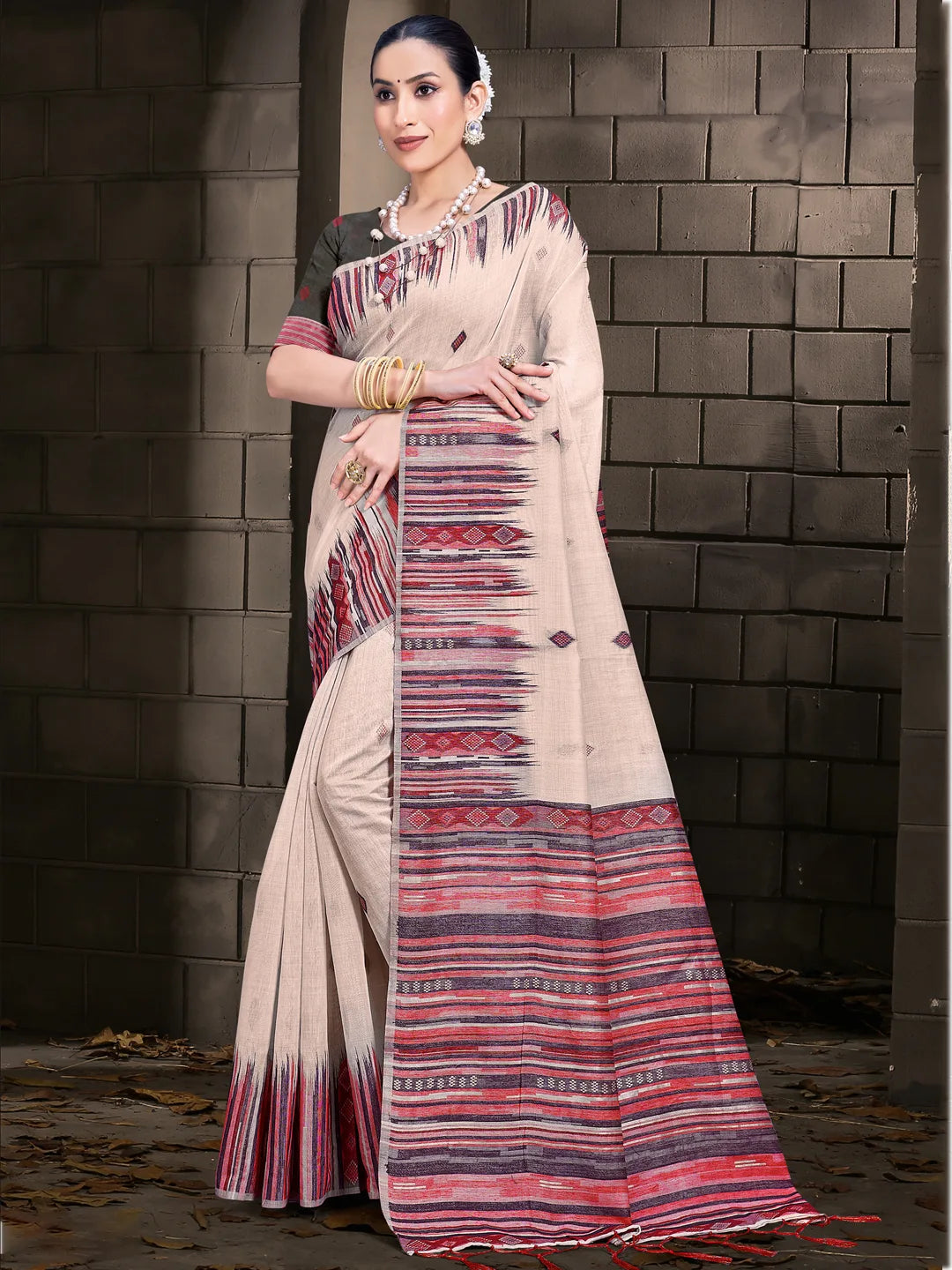 Cream Cotton Woven Work Festival Saree