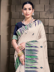 Cream Cotton Woven Work Festival Saree