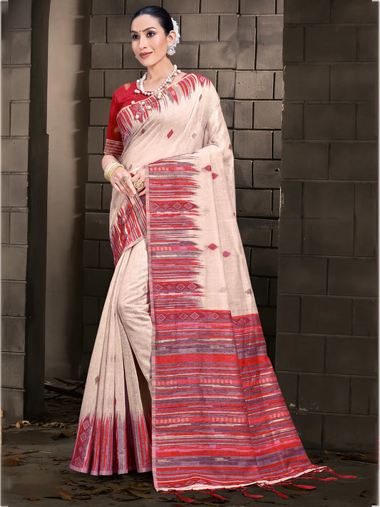 Cream Cotton Woven Work Festival Saree