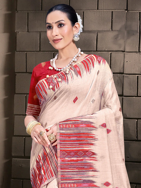 Cream Cotton Woven Work Festival Saree