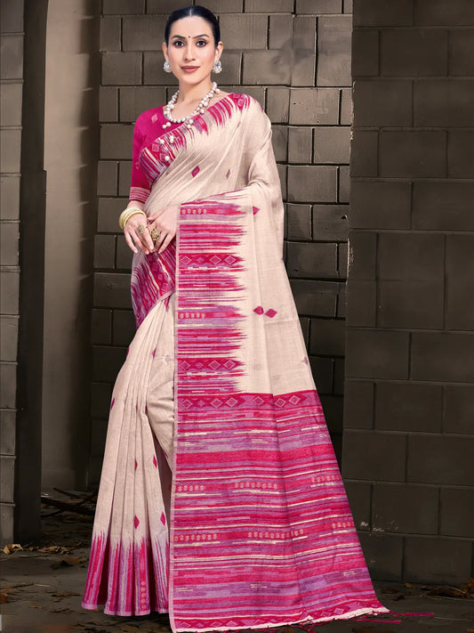 Cream Cotton Woven Work Festival Saree