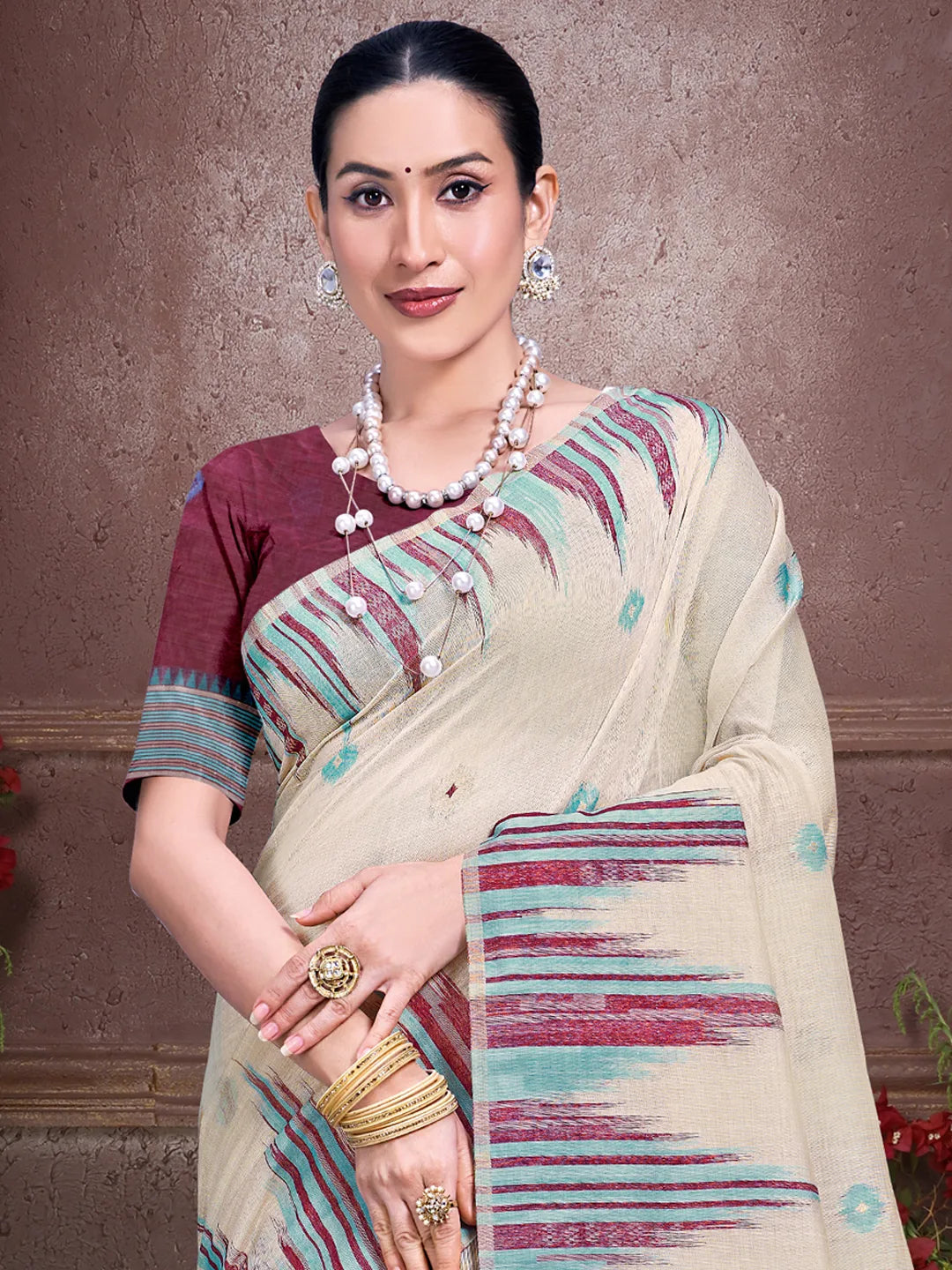 Cream Cotton Woven Work Traditional Saree