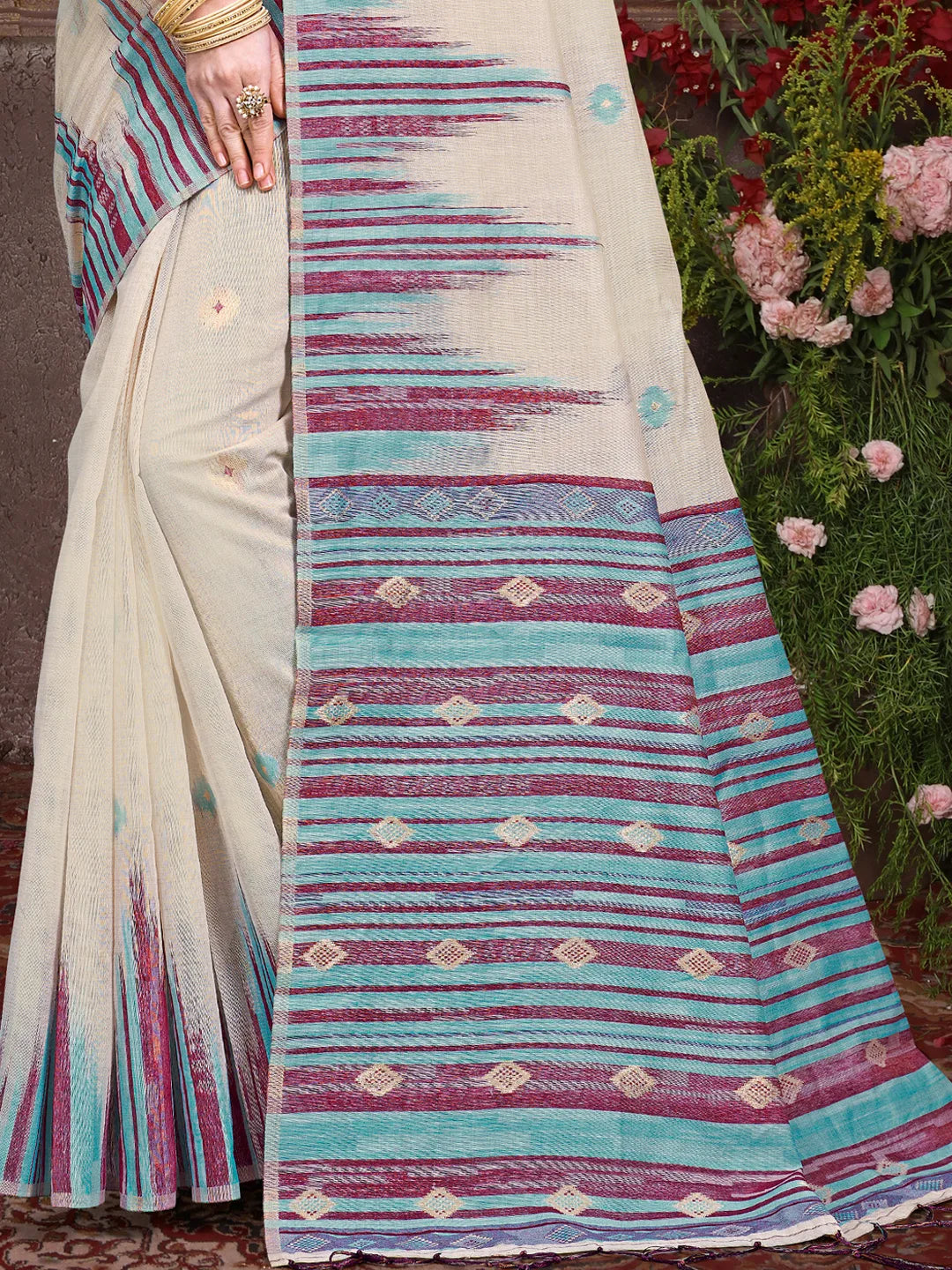 Cream Cotton Woven Work Traditional Saree