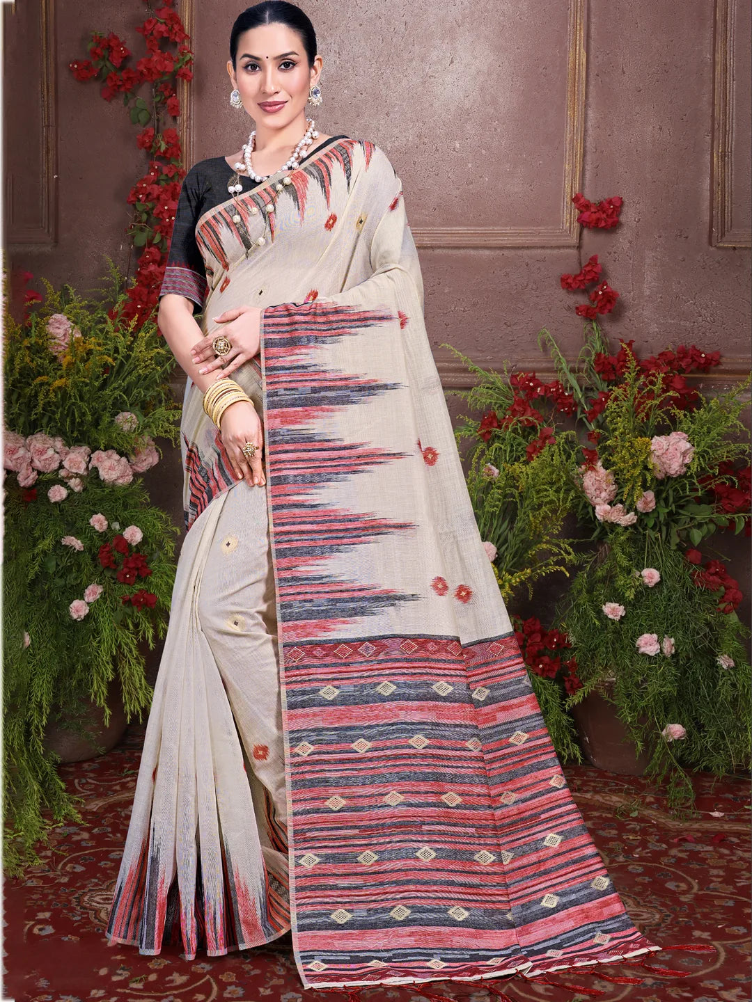 Cream Cotton Woven Work Traditional Saree