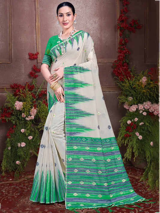 Cream Cotton Woven Work Traditional Saree