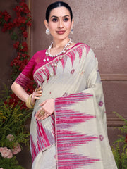 Cream Cotton Woven Work Traditional Saree