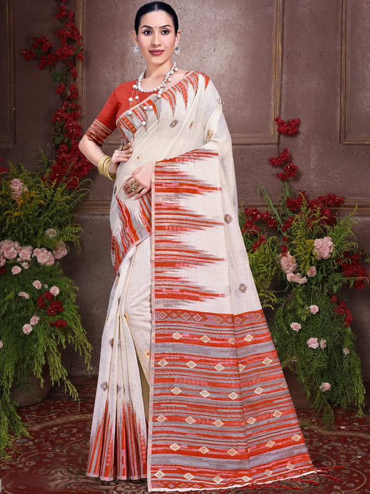 Cream Cotton Woven Work Traditional Saree