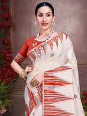 Cream Cotton Woven Work Traditional Saree