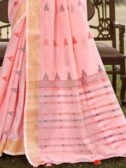 Pink Cotton Woven Work Party Wear Saree