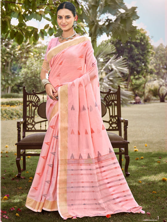 Pink Cotton Woven Work Party Wear Saree