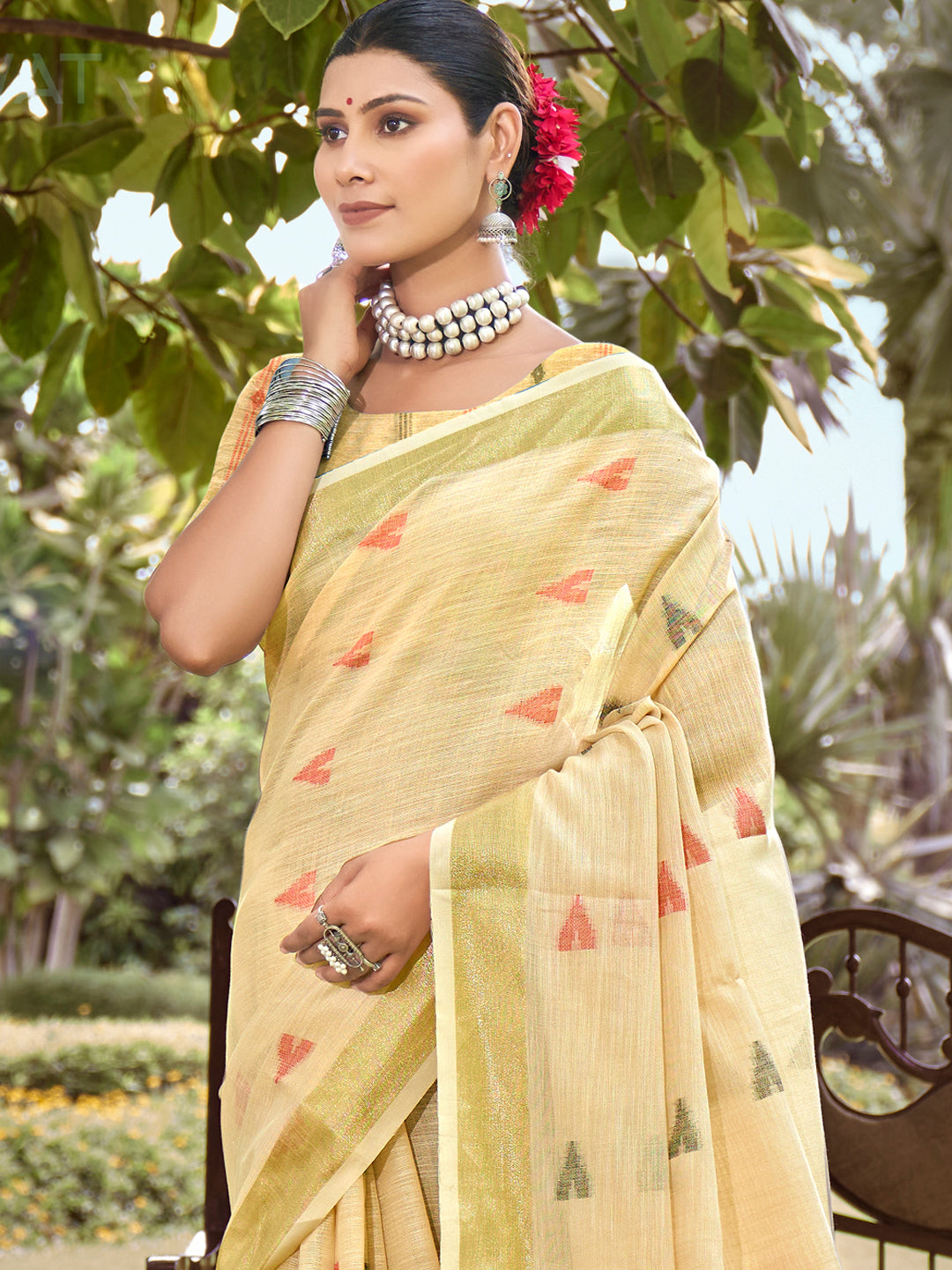 Cream Cotton Woven Work Party Wear Saree