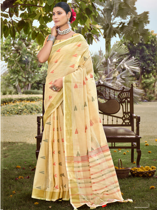 Cream Cotton Woven Work Party Wear Saree