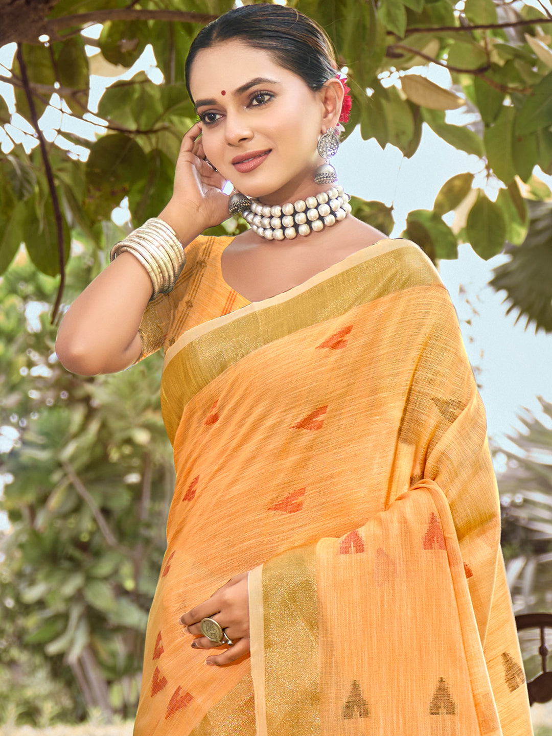 Orange Cotton Woven Work Party Wear Saree