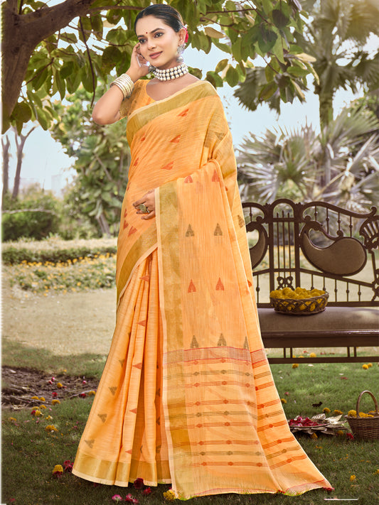 Orange Cotton Woven Work Party Wear Saree