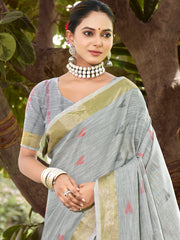 Grey Cotton Woven Work Party Wear Saree