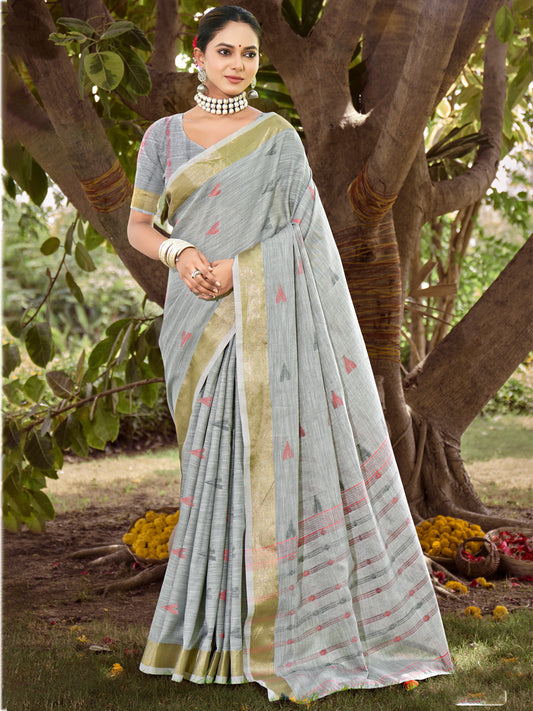 Grey Cotton Woven Work Party Wear Saree