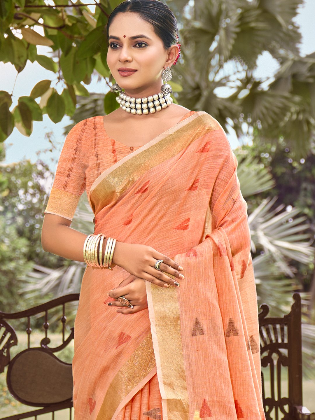 Peach Cotton Woven Work Party Wear Saree