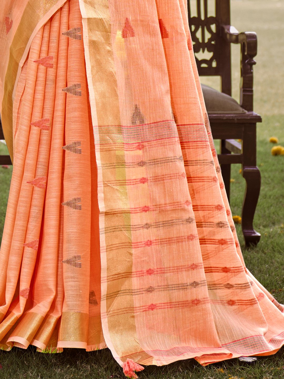 Peach Cotton Woven Work Party Wear Saree