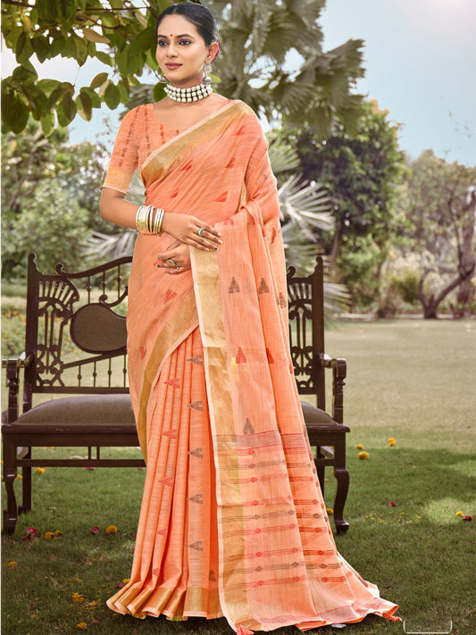 Peach Cotton Woven Work Party Wear Saree