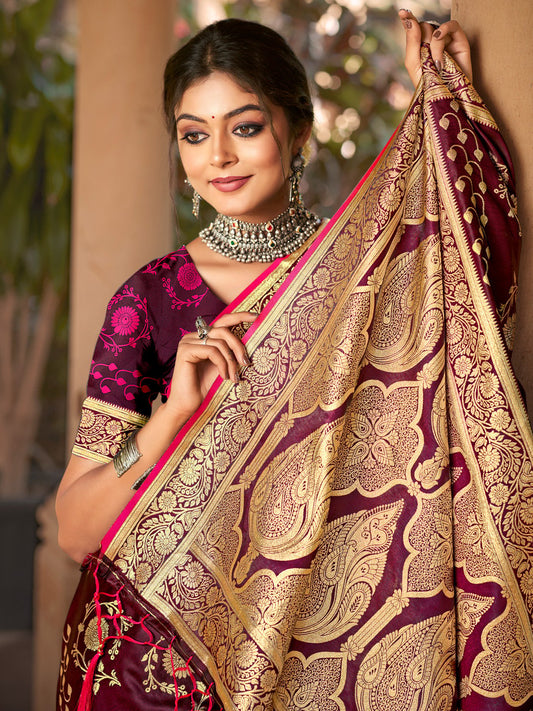 Wine Satin Silk Woven Work Traditional Tassels Saree