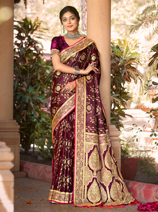 Wine Satin Silk Woven Work Traditional Tassels Saree