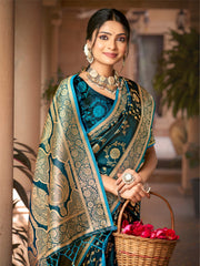 Navy Blue Satin Silk Woven Work Traditional Tassels Saree