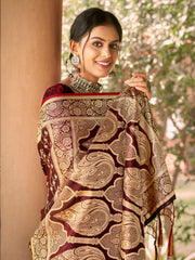 Maroon Satin Silk Woven Work Traditional Tassels Saree