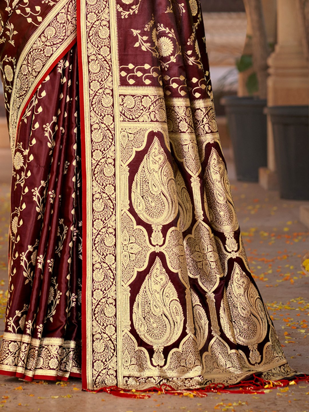 Maroon Satin Silk Woven Work Traditional Tassels Saree